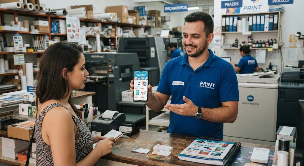 Revendedor apresentando o catálogo digital no celular a uma cliente no balcão de uma gráfica