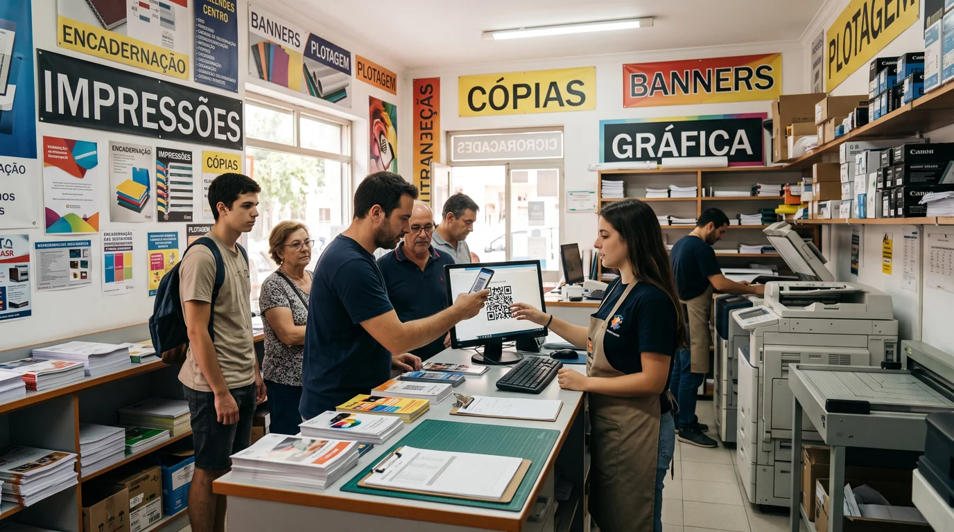Cliente escaneando o QR Code no balcão de uma gráfica, orientado pela atendente