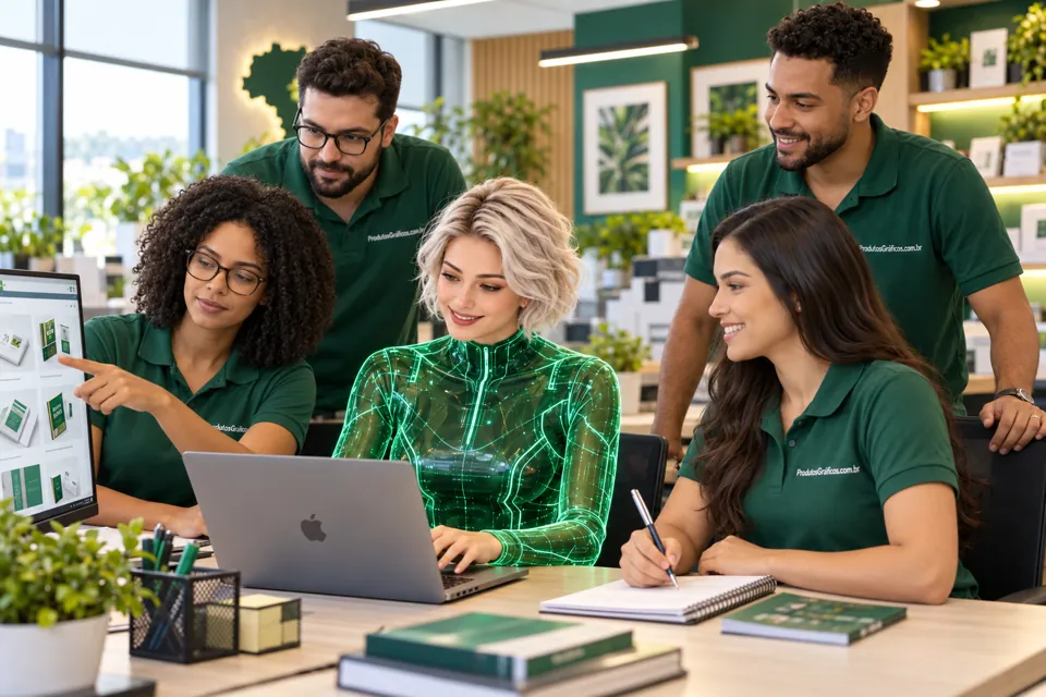 Corelia com cabelo branco e uniforme holográfico verde, trabalhando no notebook junto à equipe da Produtos Gráficos