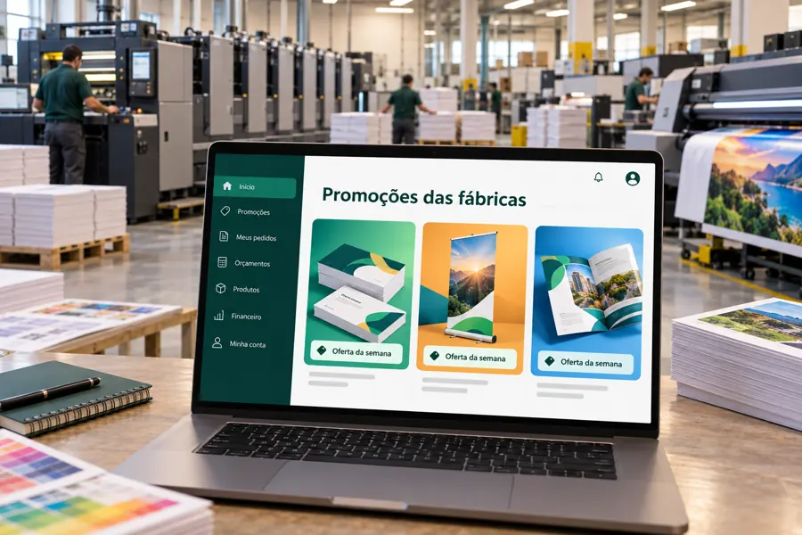 Ilustração de um parque gráfico com notebook exibindo promoções no painel do lojista