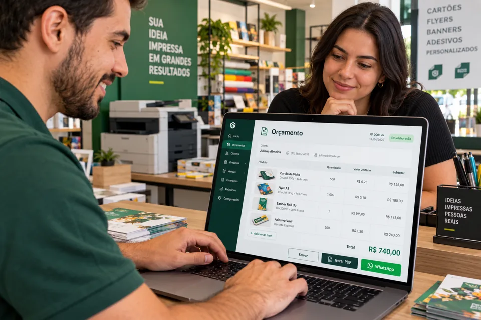 Atendente humano preparando um orçamento no PDV do notebook para uma cliente no balcão da gráfica