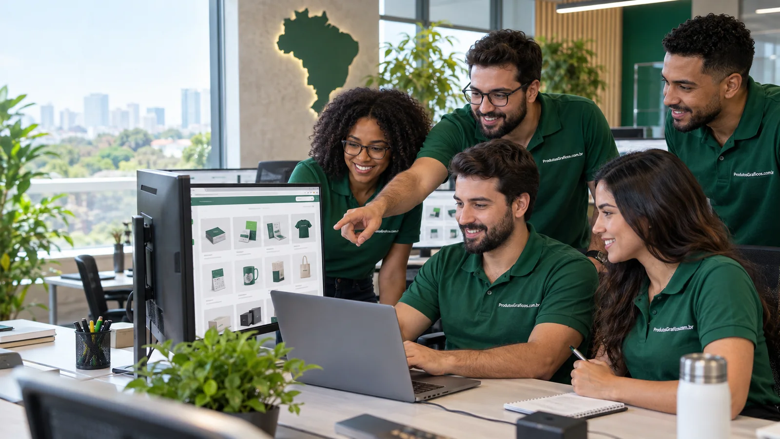Equipe de desenvolvedores da ProdutosGraficos.com.br trabalhando na plataforma para revendedores gráficos