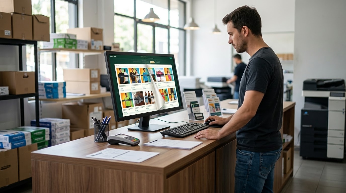 Cliente no balcão de uma gráfica navegando pela revista digital de produtos no computador