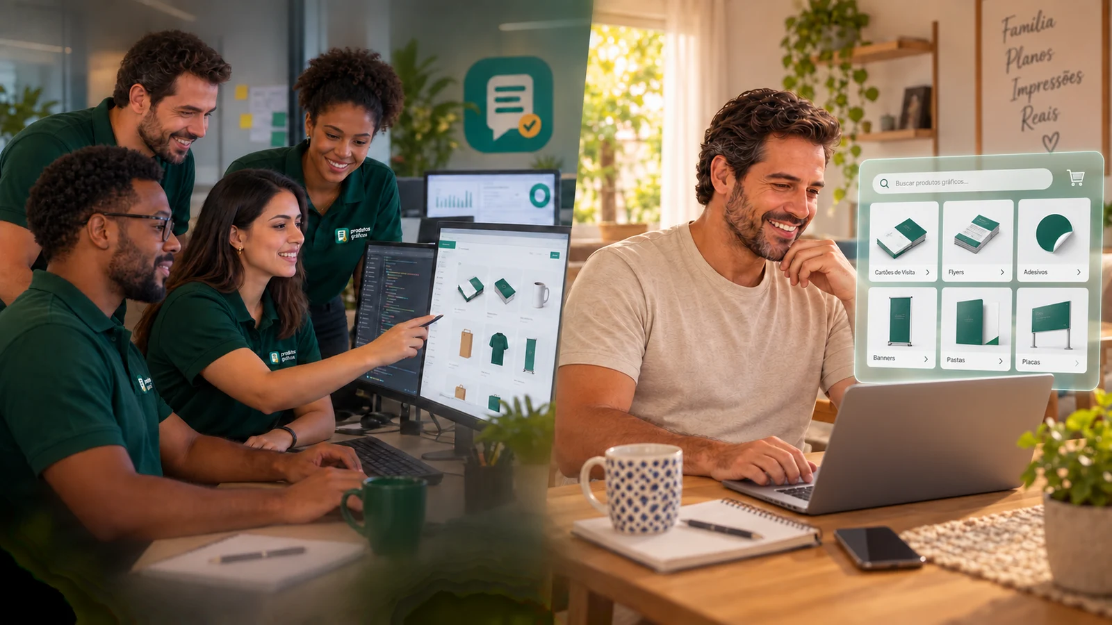 Equipe de tecnologia Produtos Gráficos trabalhando enquanto um revendedor administra sua loja de casa com uma interface digital de produtos gráficos
